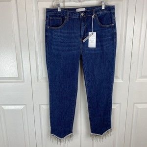 Risen Jeans 1XL Embellished Mid Rise Crop Straight Leg Jeans Denim Blue Fringe